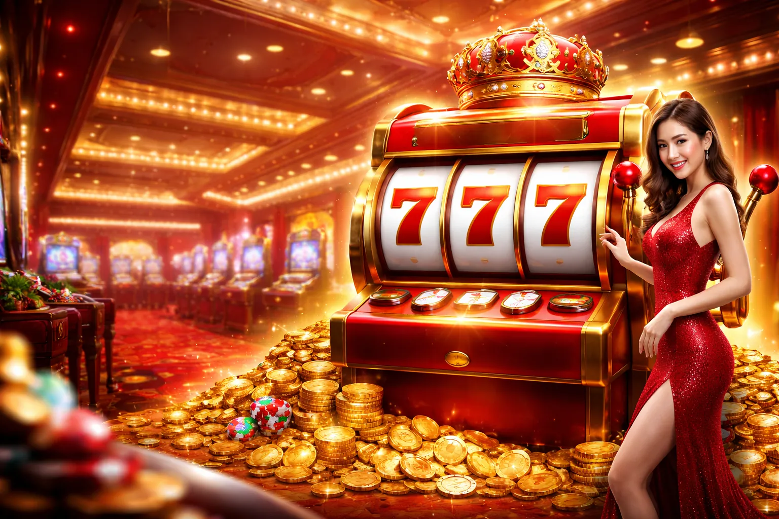 Hình ảnh chính về Slot Game tại Hi8 Đăng Nhập với nhiều máy đánh bạc rực rỡ và biểu tượng chiến thắng, mang đến cảm giác hứng khởi của sòng bạc trực tuyến.